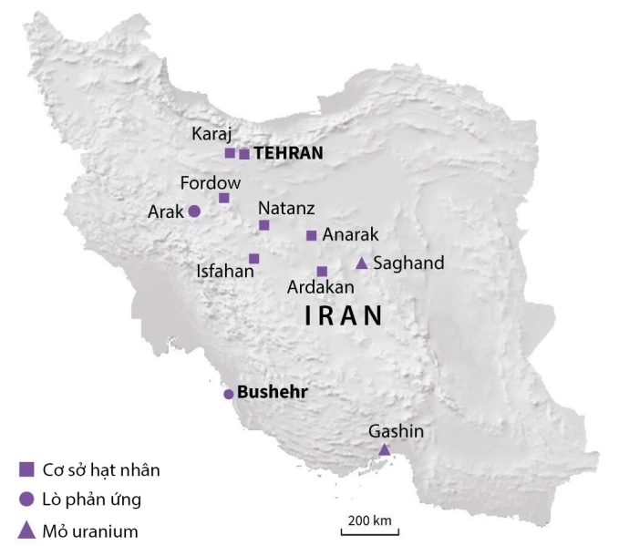 Bản đồ phân bố các cơ sở hạt nhân trọng yếu của Iran. Đồ họa: AFP