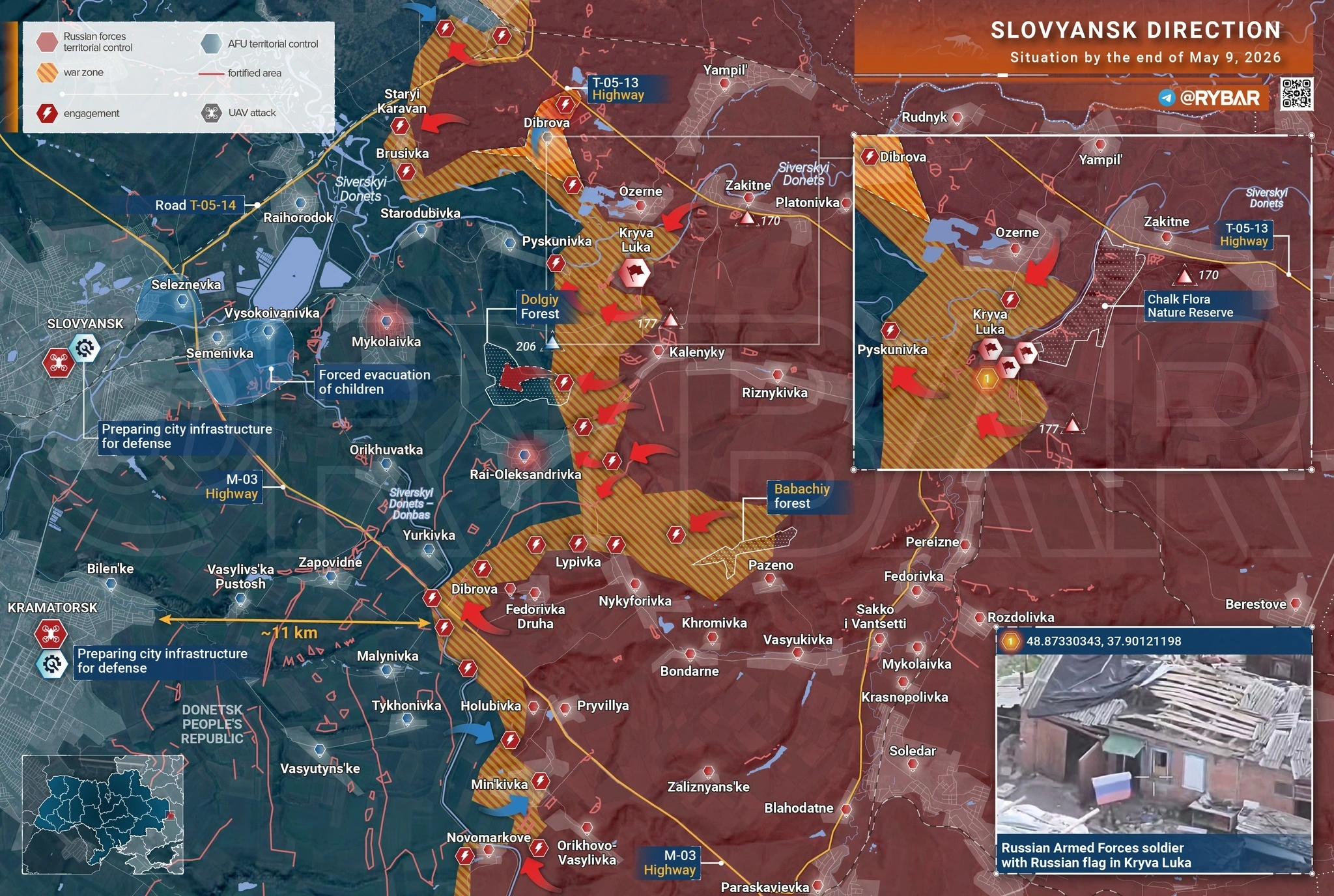 Bản đồ chiến sự Nga - Ukraine tại Sloviansk ngày 9/5. Moscow đột phá trên nhiều hướng, buộc Kiev phải chuẩn bị phòng thủ (Ảnh: Rybar).
