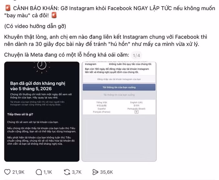 Nhiều bài đăng cảnh báo người dùng về việc rủi ro khi liên kết tài khoản Facebook và Instagram.